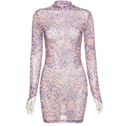 Simenual Digital Print Mesh Hot Bodycon Dress Women Long Sleeve Finger Buckle Partywear Transparent Club Sexy Hot Mini Dresses