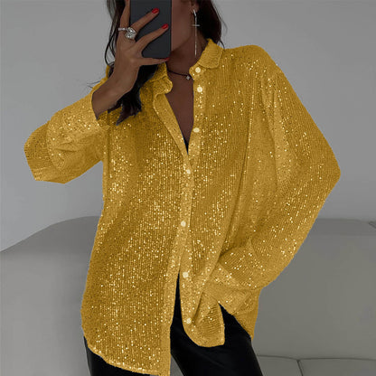 Long-sleeved Sequin Shirt Ins Fashion Lapel Tops For Party Street-style Women's Clothing