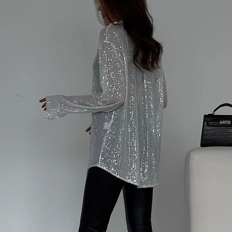 Long-sleeved Sequin Shirt Ins Fashion Lapel Tops For Party Street-style Women's Clothing