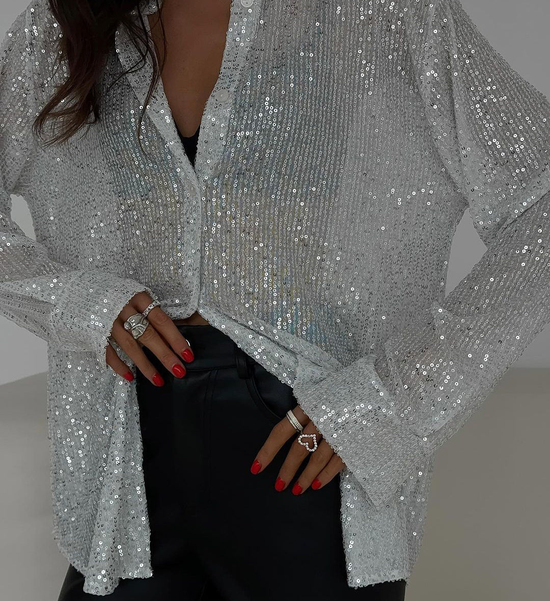 Long-sleeved Sequin Shirt Ins Fashion Lapel Tops For Party Street-style Women's Clothing