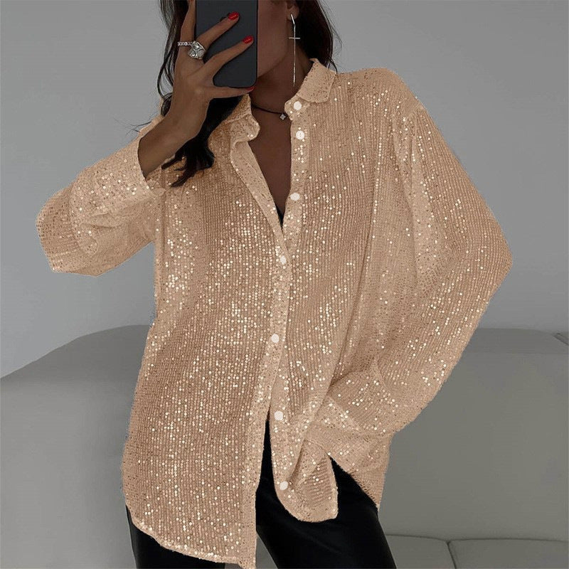 Long-sleeved Sequin Shirt Ins Fashion Lapel Tops For Party Street-style Women's Clothing