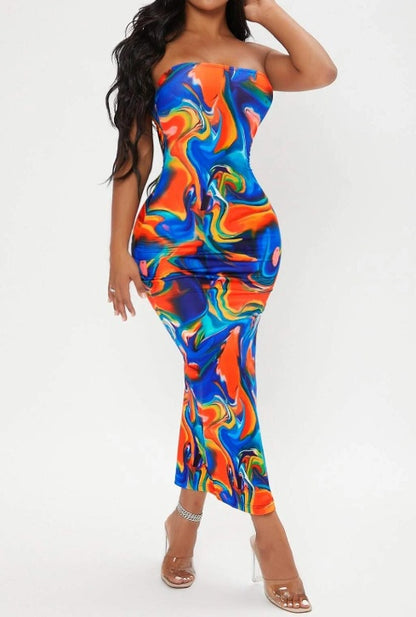 Ladies' Printed Strapless Side Slit Slim Fit Dress With Slimming Effect And Hip Hugging Design