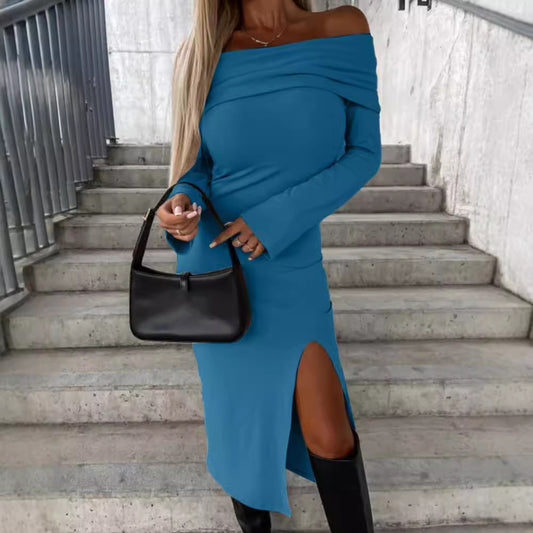 Long Sleeve Solid Color Off-neck Dress