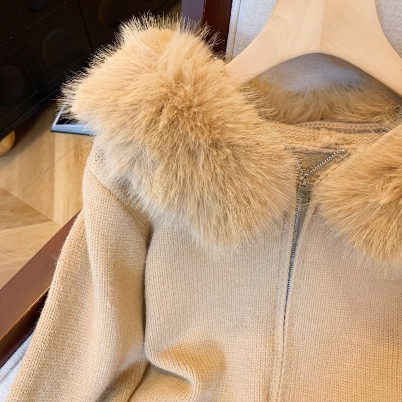 Double Zipper Fur Collar Stitching Design Sense Hooded Knit Cardigan