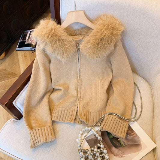 Double Zipper Fur Collar Stitching Design Sense Hooded Knit Cardigan