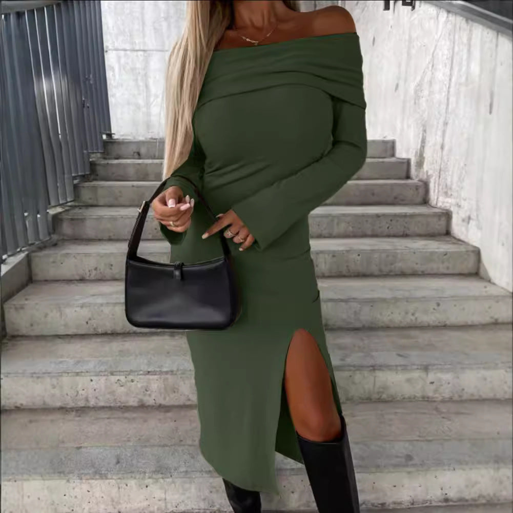 Long Sleeve Solid Color Off-neck Dress