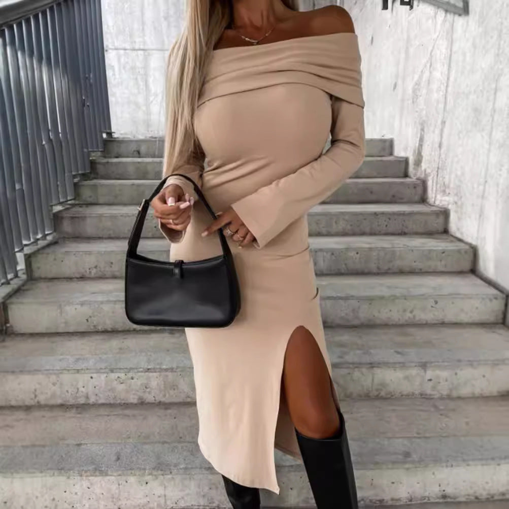 Long Sleeve Solid Color Off-neck Dress