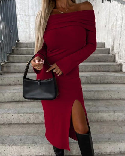 Long Sleeve Solid Color Off-neck Dress