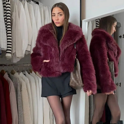 Elegant Lapel Collar Faux Short Fur Coat