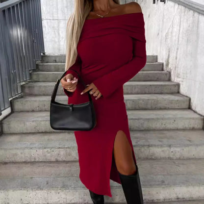 Long Sleeve Solid Color Off-neck Dress