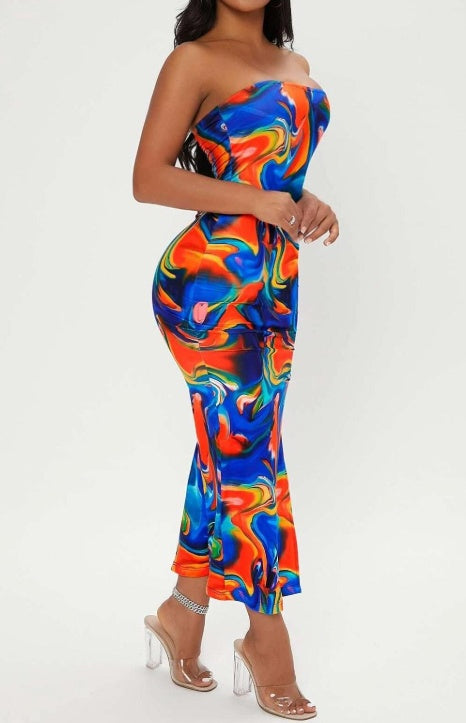 Ladies' Printed Strapless Side Slit Slim Fit Dress With Slimming Effect And Hip Hugging Design