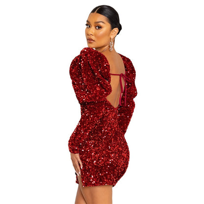 Sequin Backless Padded Shoulder Bubble Sleeve Party Dresses For Women