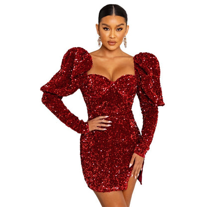 Sequin Backless Padded Shoulder Bubble Sleeve Party Dresses For Women